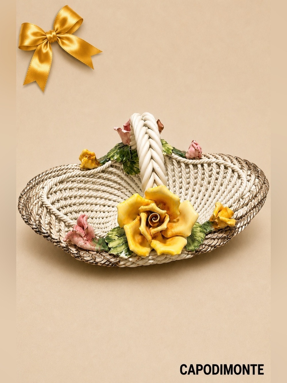 Vintage Capodimonte Italy Porcelain Basket with Hand-Painted Roses